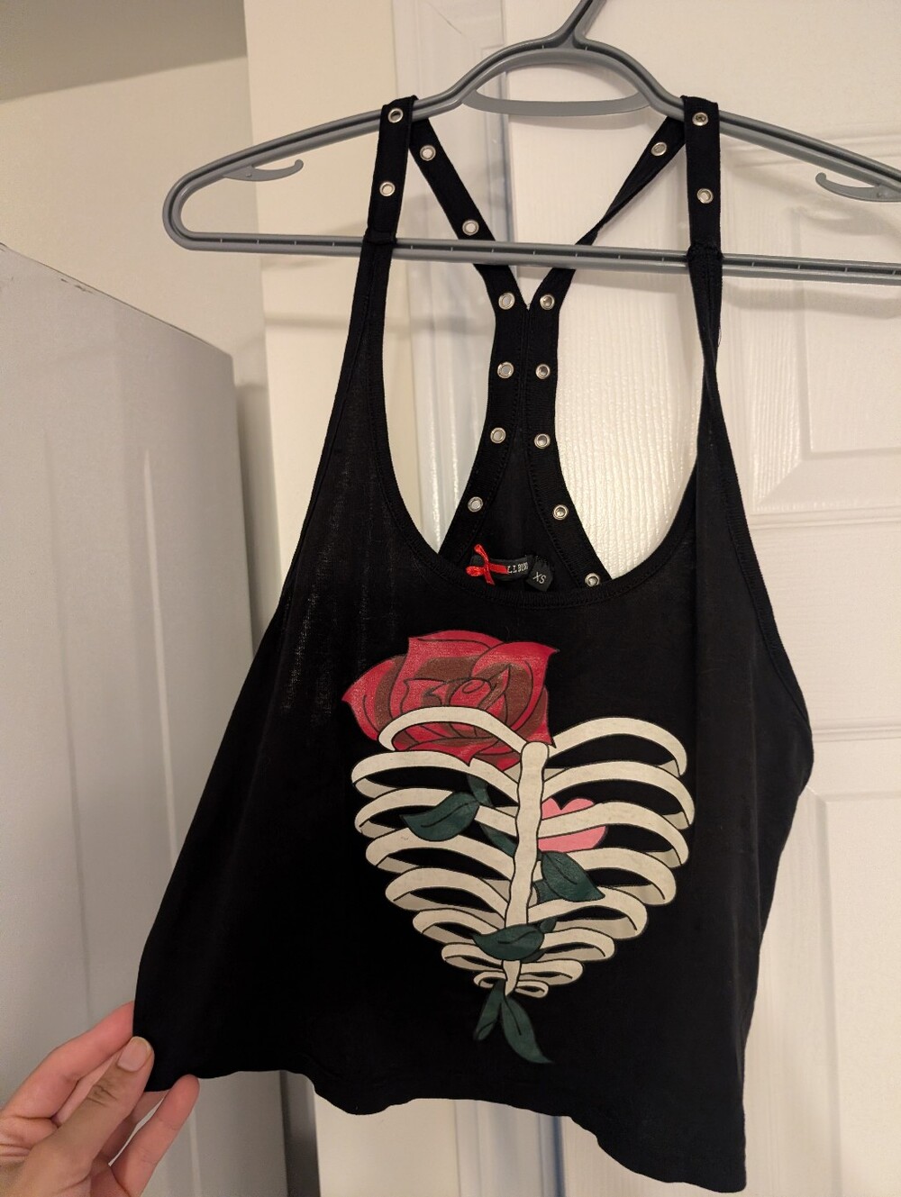 Hell Bunny Black Crop Tank Top with Red Rose and Ivory Ribcage Graphic